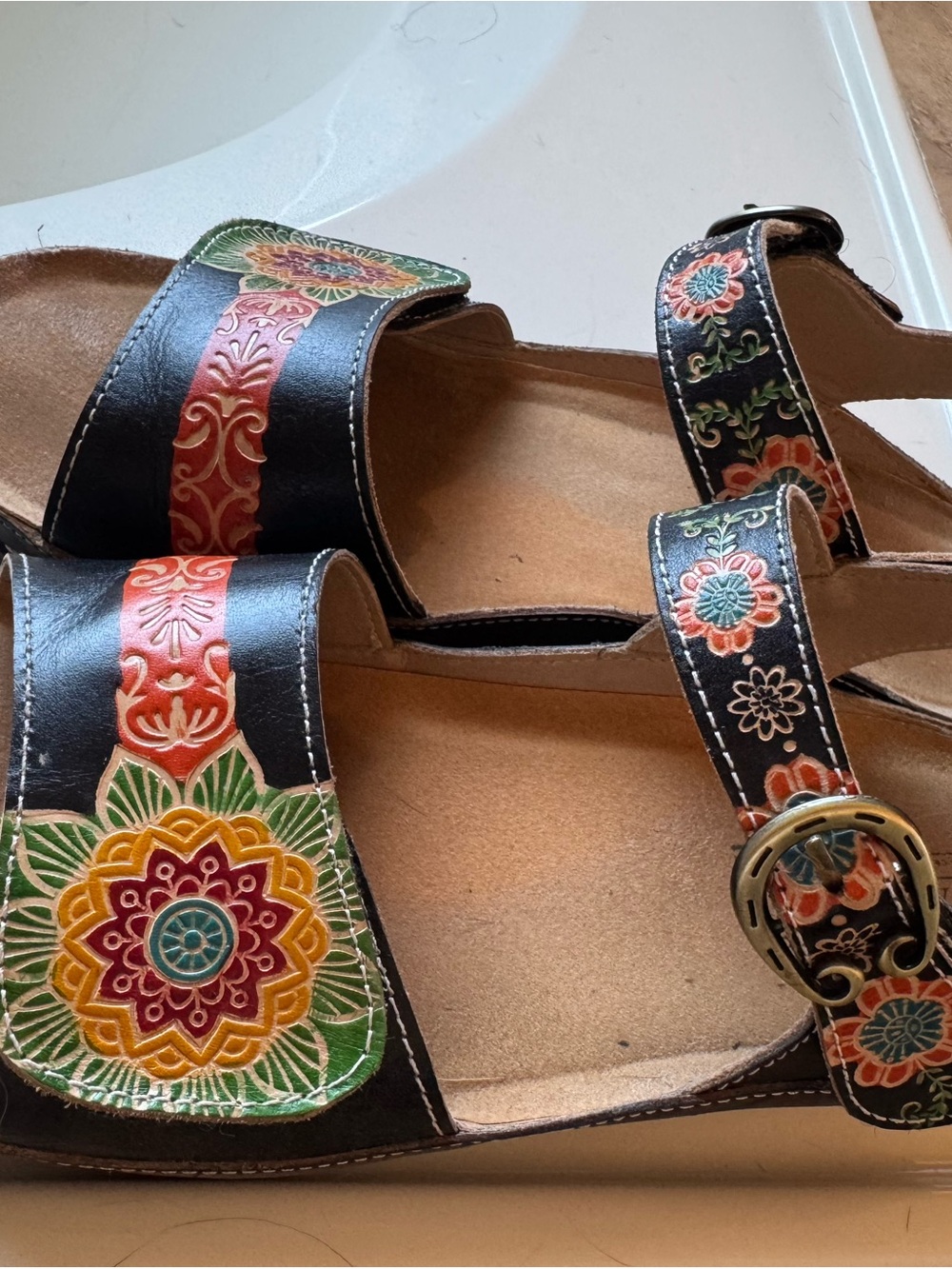 Spring Step L'Artiste Black Floral-Accent Slide Sandals